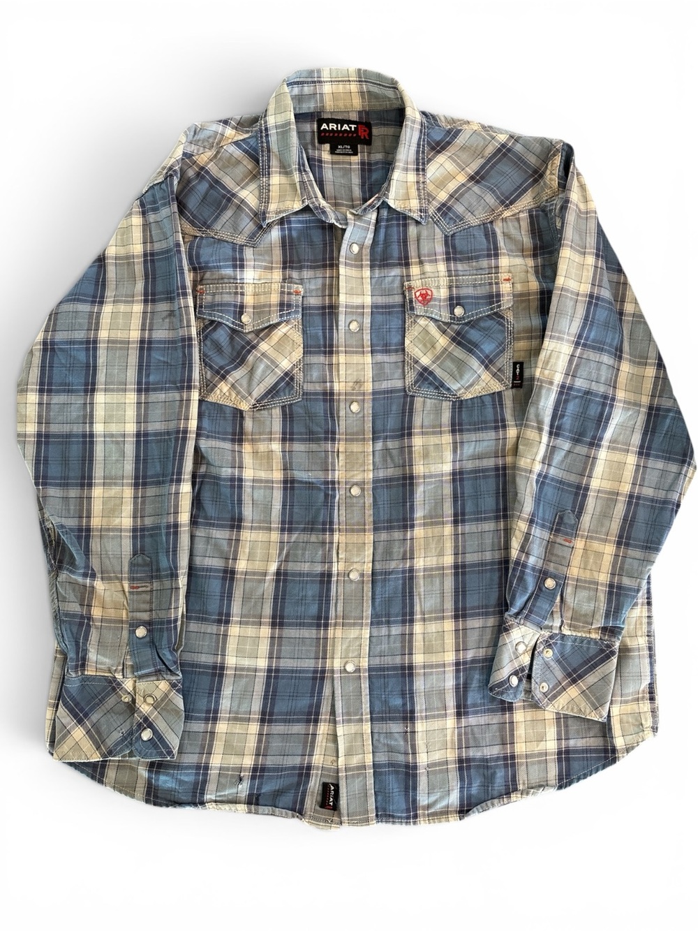 Ariat FR Men's Western Plaid Work Shirt in Blue and Cream Tones